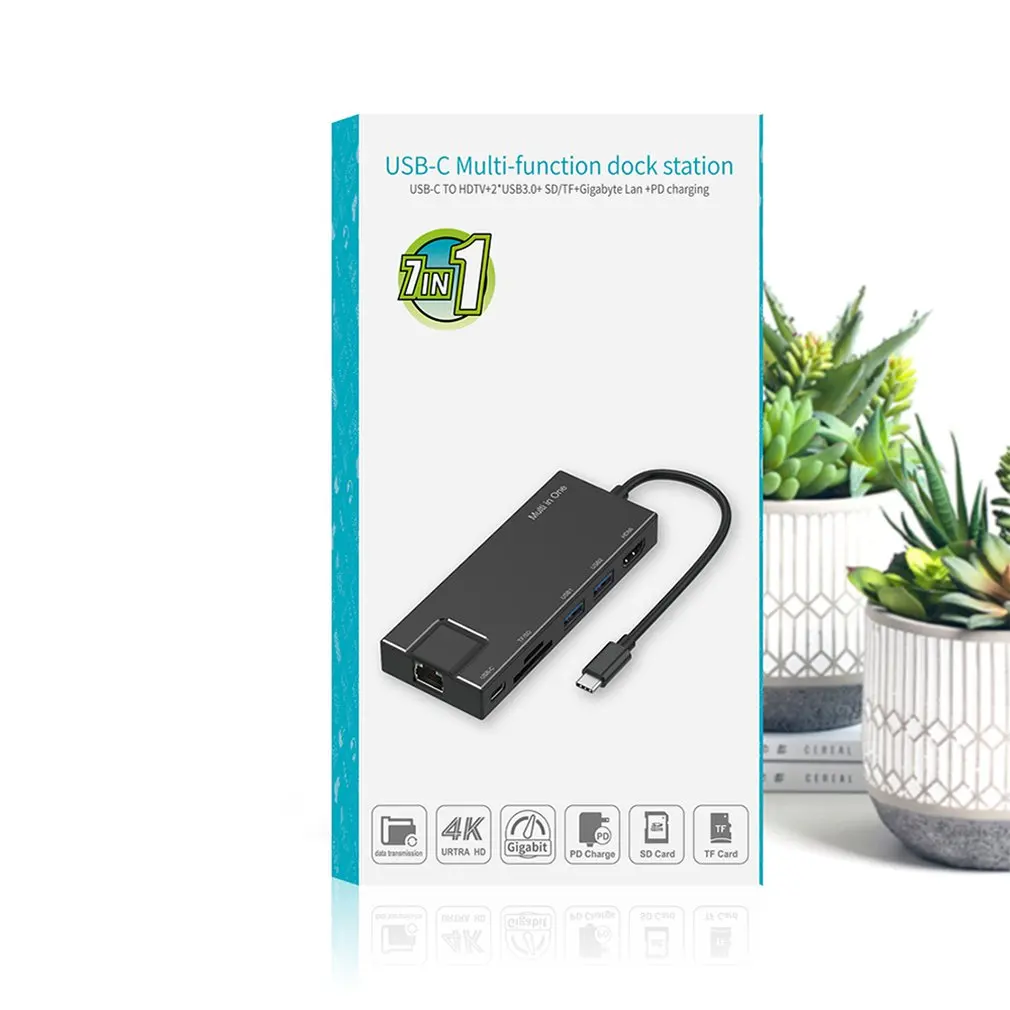 7 в 1 USB C концентратор USB 3,0 HDMI RJ45 Gigabit Ethernet SD/TF PD зарядный адаптер USB C док-станция Тип c концентратор конвертер