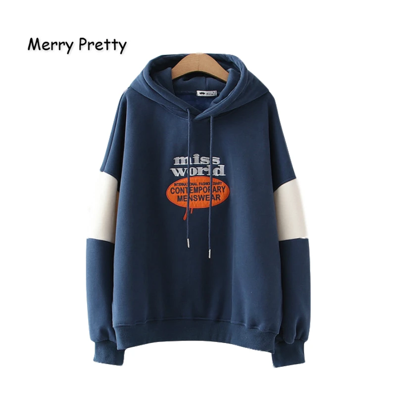 MERRY PRETTY женские толстовки с капюшоном с вышитыми буквами толстовки зимние плюс бархатные пуловеры лоскутный спортивный костюм