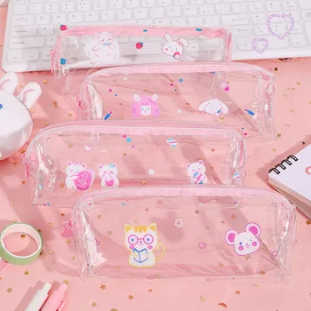 

South Korea Pink Transparent GIRL'S Heart Cartoon Animal Pencil Case Online Celebrity Large-Volume Stationery Bag Students Cute