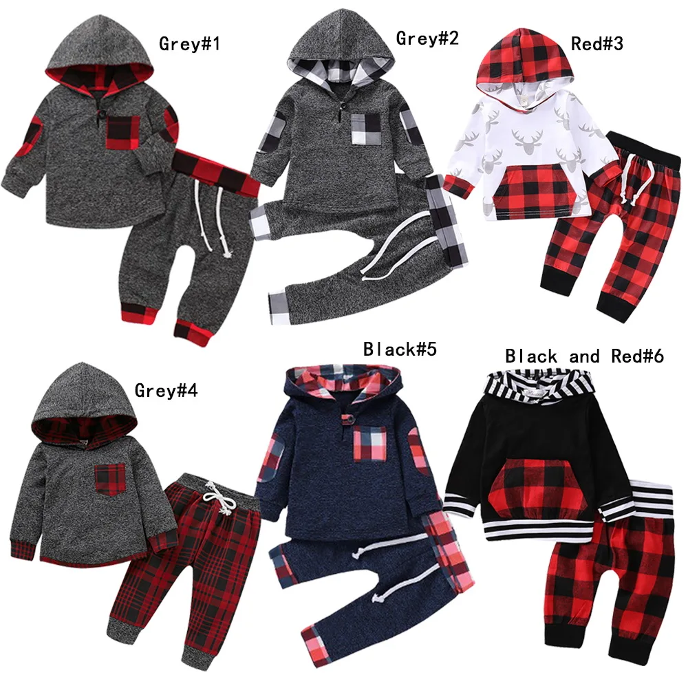 

Children Boy Clothing Set Christmas Newborn Baby plaid Hoodie long-sleeved Top+Pant Two-Piece Set Autumn Winter Warm Outfits D35
