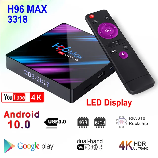 Reproductor multimedia H96 MAX 3318, Android 10,0, dispositivo de TV inteligente, Rockchip RK3318, 4GB RAM, 64GB ROM, BT4.0, USB 3,0, WIFI Dual de 2,4G, 3D, 4K, HDR