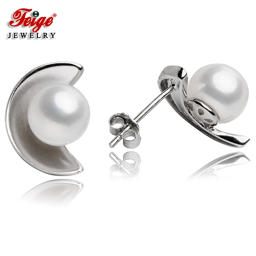 

Moon shape Pearl Stud Earrings 7-8mm White Natural Freshwater Pearls 925 Sterling Silver Earrings For Women's