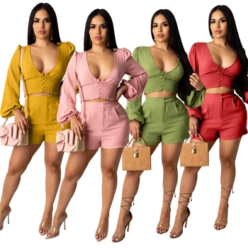 

Wjustforu Bodycon Deep V-Neck Puff Sleeve 2 Piece Set For Women Sexy Party Club Two Piece Suits Cotton Wrinkle Solid Color Suit