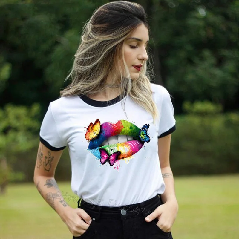 New women Summer Tops Tees Rainbow Pride Sexy color Lips Painted t shirt Short Sleeve brand fashion round neck tshirt | Женская одежда