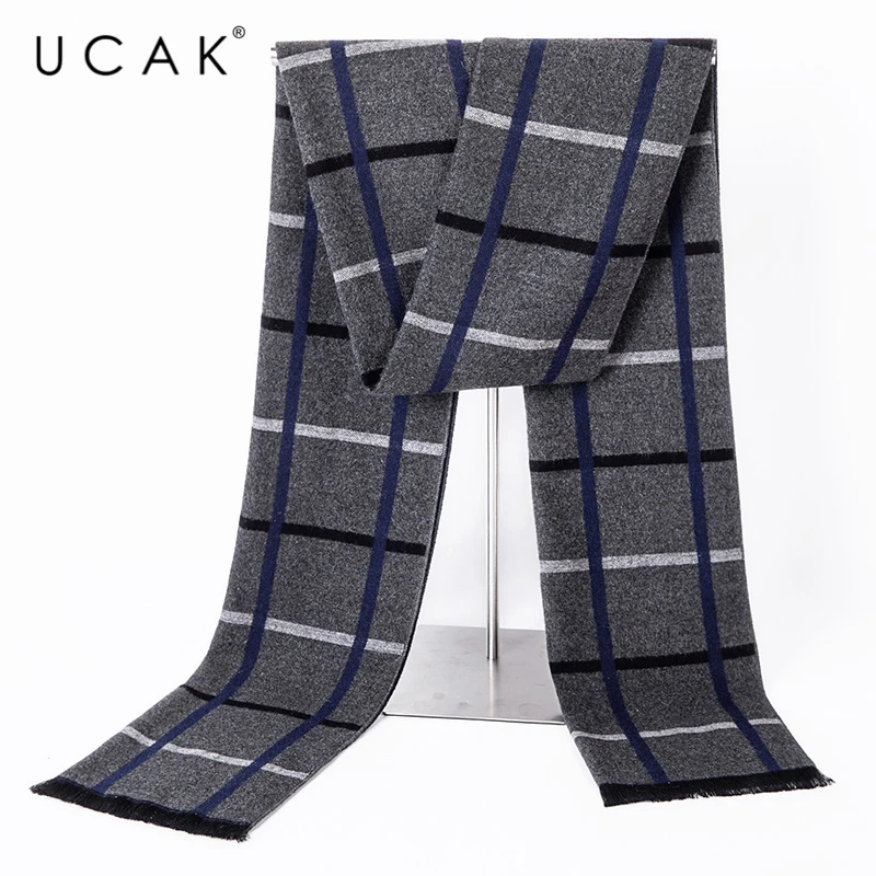 

UCAK Brand Autumn Winter Warm Design Soft Scarfs For Men Women Fashion Casual Plaid Cotton Knit Scarf With short tassels A23