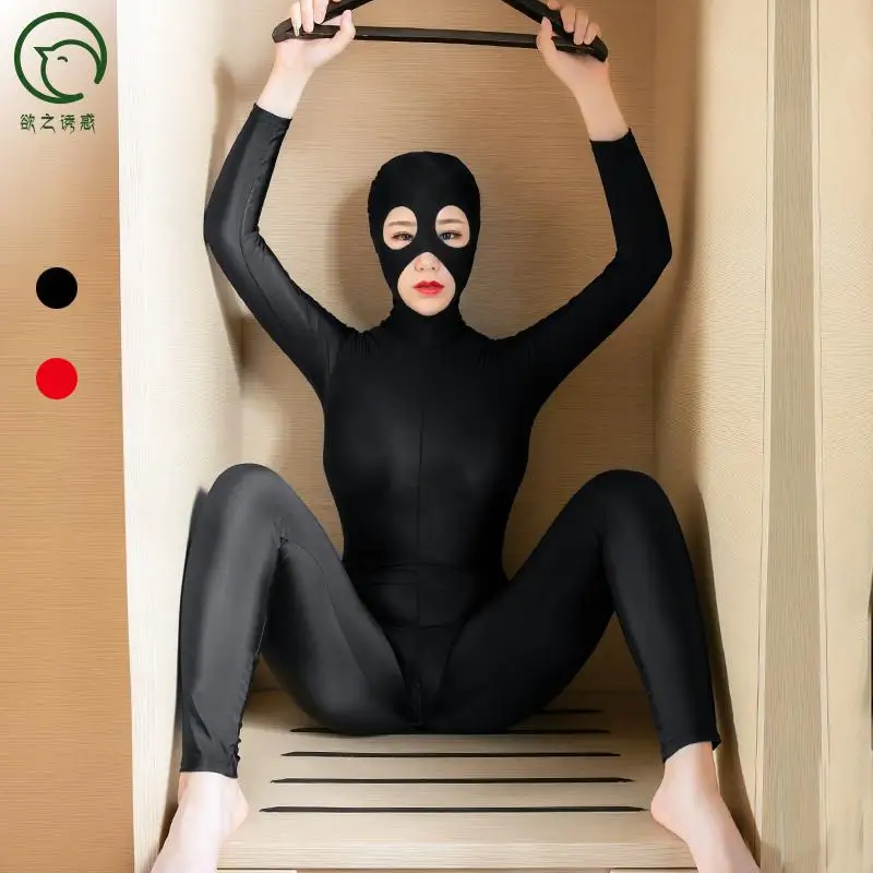 Размера плюс Для женщин в масках, кофта с длинными рукавами колготки «zentai» Косплэй чулок на все тело с отверстием в пикантная обувь эротические молния боди с открытой промежностью Эротическое нижнее белье - Цвет: black