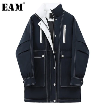 

[EAM] Dark Blue Big Size Long Cotton-padded Coat Long Sleeve Loose Fit Women Parkas Fashion Tide New Autumn Winter 2020 1X161