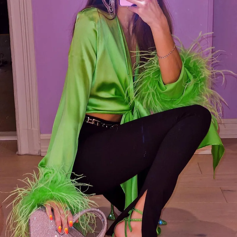 ArtSu Front Bow Tie Up Sexy Slim Women Bandage Shirt Low Cut Long Sleeve With Furry Feathers Green Satin Crop Top Clubwear vintage t shirts