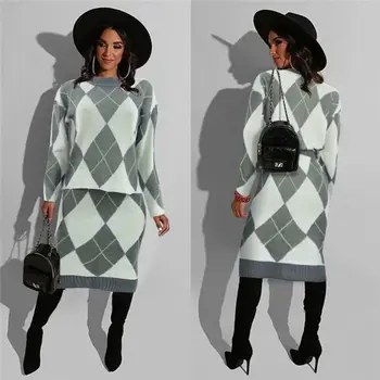 

Two Piece Set Top and Pants Women Sets Checked Sweater Midi Skirt Fashion Casual 2 Piece Skirt Sets Women Outfits
