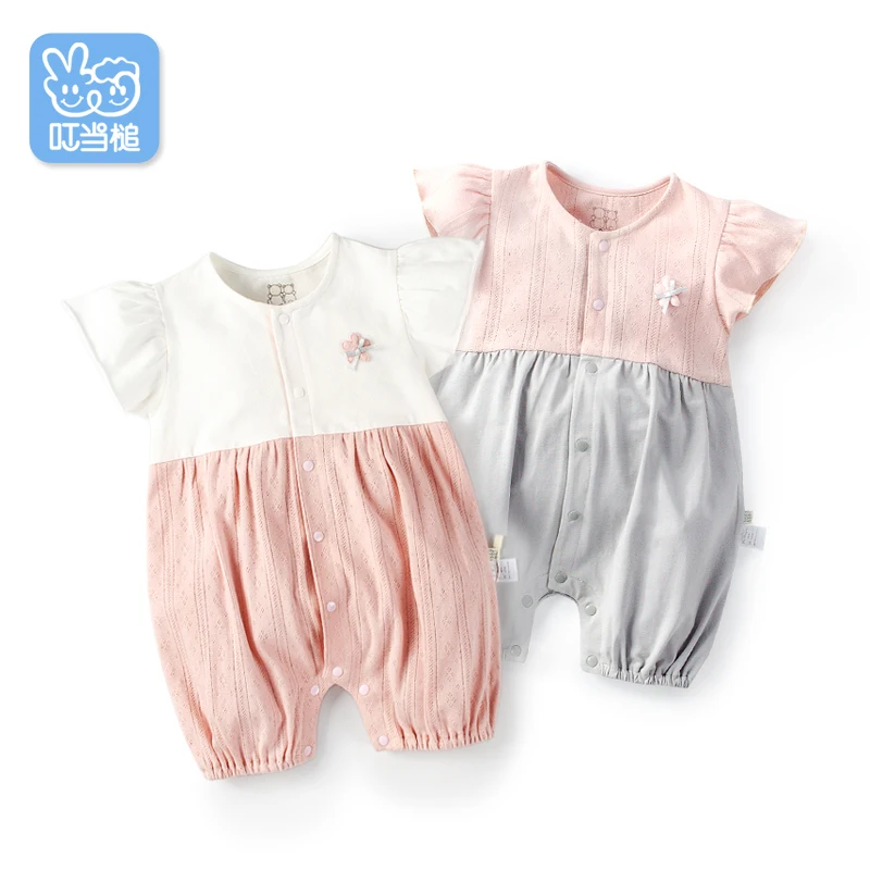 Leapparel/Летний дышащий хлопковый комбинезон с короткими рукавами и цветочным принтом для новорожденных и маленьких девочек 0-12 месяцев