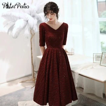 

Elegant Tea-length Wine Red Evening Dresses Long 2020 V-neck A-line Simple Lace Women Formal Gown For Engagement