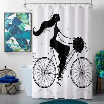 

African Shower Curtains for Bathroom Black and White,Young Woman Silhouette with a Bouquet of Spring Flowers Cycling