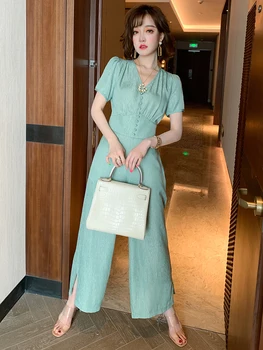 

Trendy Button Waist Hugging V-neck Short Top + High Waist Slimming Drape Wide Leg Pants Suit, Female Fashion Summer New Style