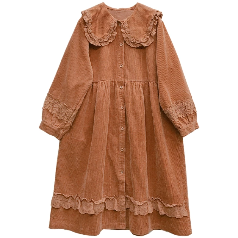 

Mori Girls Kawaii Peter Pan Collar Dress Women Retro Autumn Long Sleeve Elegant Sweet Lace Doll Vintage Corduroy Midi Dresses