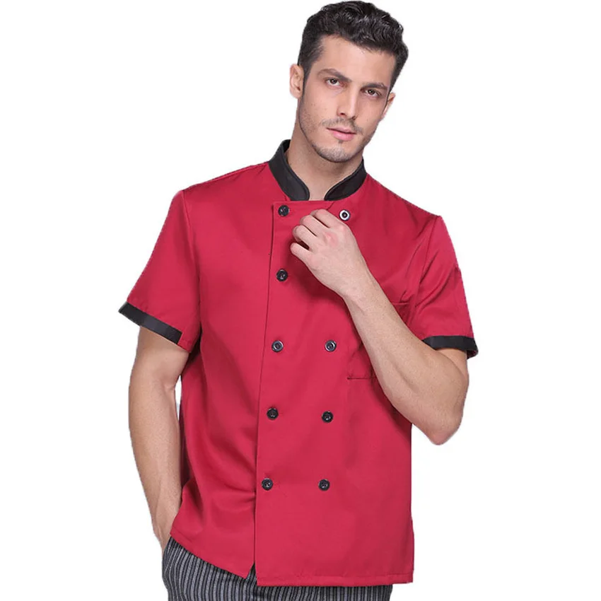 Red shirt Летняя мужская рубашка еда обслуживание шеф-повара Униформа с короткими рукавами полиэстер повара хлебобулочные костюмы твердый ресторан кафе кухонная одежда - Цвет: Red shirt