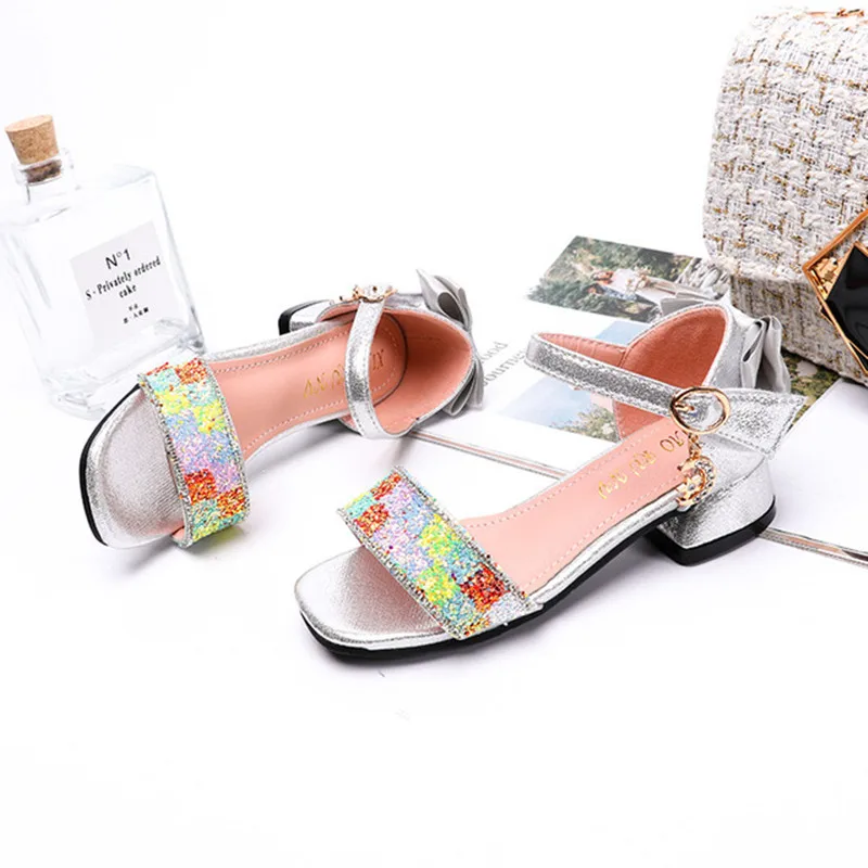 Summer sweet rhinestone bow student sandals girls wedding banquet sandals 2020 new thick heel sequin kids princess party shoes