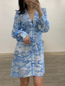 

Silk Blue Cloud Print Women Mini Dress 2020 Spring Summer lady Sexy Female Short Dresses with buttons
