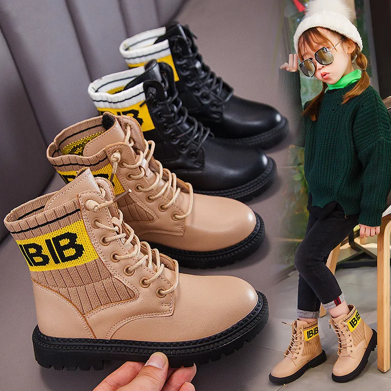 Новые осенне-зимние ботинки для девочек, теплые кожаные ботинки, детские высокие ботинки Maritn, Модная вязаная обувь для девочек, детские повседневные кроссовки