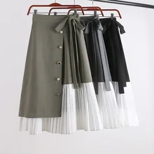 Однобортная плиссированная юбка миди с цветными блоками и бантом для женщин, однобортная Женская юбка, цвет черный, серый, хаки, saia saias