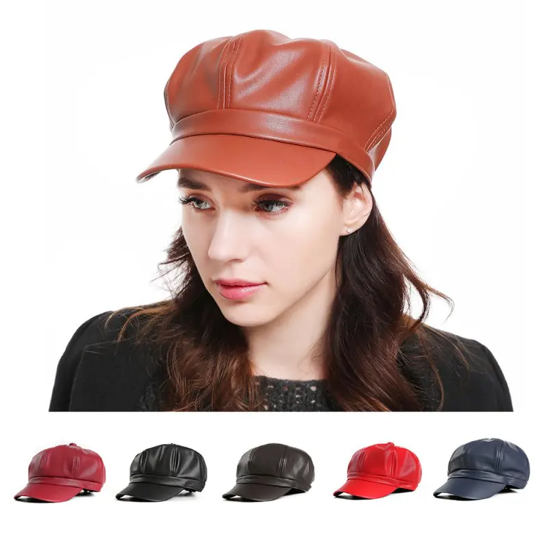 Горячая сплошной цвет ПУ кожа восьмиугольная кепка Женская британская ретро Повседневная Кепка модная маляр Кепка для улицы