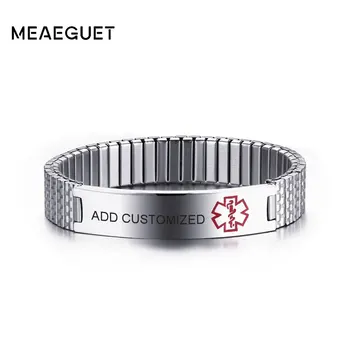 

Meaeguet Customized Engraved Elastic Diabetes Medical Alert ID Bangle For Men Women Stainless Steel Personal Info Bracelet