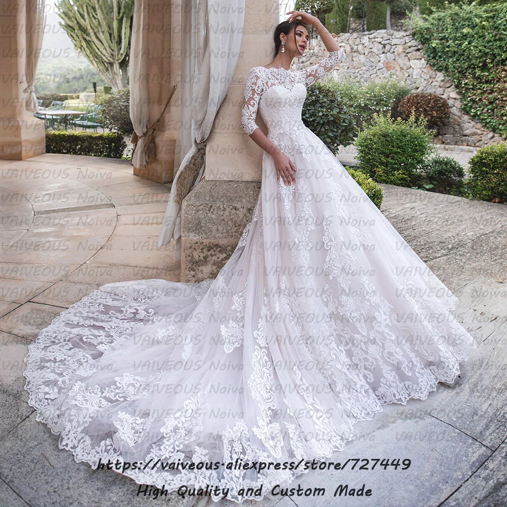 Vestidos de Novia Chapel Train Свадебное платье с кружевами на свадьбу роскошное платье с аппликацией 3/4 свадебное платье с длинными рукавами Robe Mariage