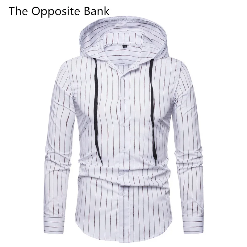 

2019 spring new European code men's striped hooded shirt long sleeve vertical stripes casual shirt fashion coat