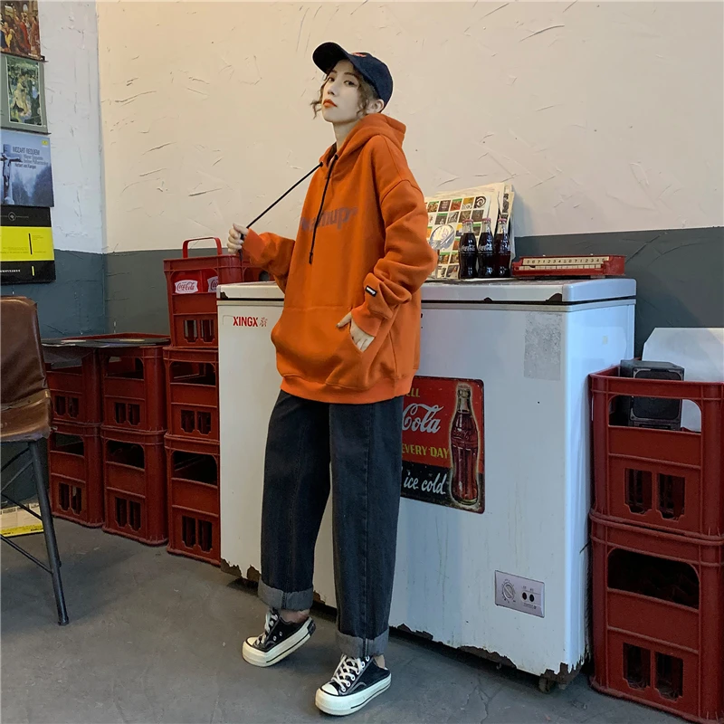 Новая женская хлопковая толстовка с капюшоном и буквенным принтом Harajuku, бархатная Толстая теплая осенне-зимняя Повседневная Толстовка для девочек, утепленное пальто