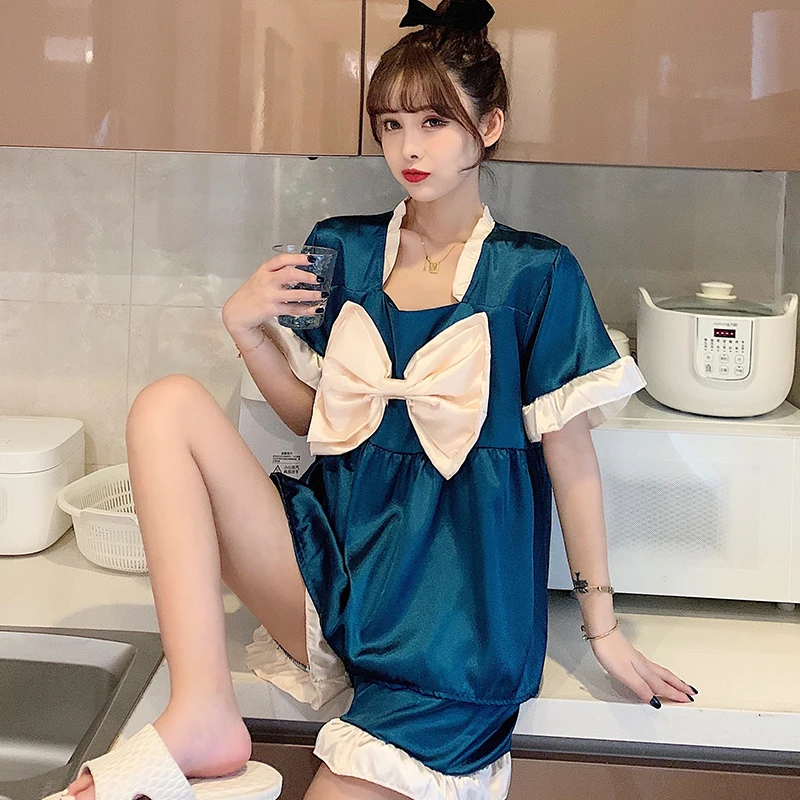 Women Pajama Sets Sexy Lingerie Satin Plus Size Sleepwear Cami Shorts Set V Neck Nightwear Big Bow Japan Lolita Princess Style