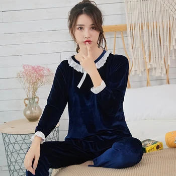 

2019 WAVMIT Autumn Winter New Women's Flannel Long Sleeve Pajamas Set Loose Elastic Women Sleepwear Lace Gold Velvet Homewear