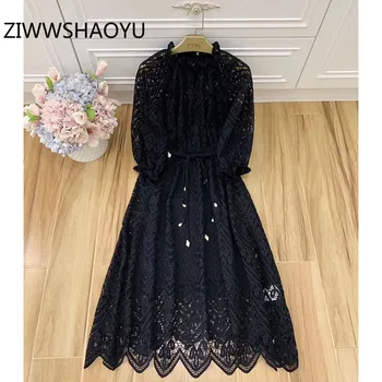 

ZIWWSHAOYU 2020 Runway Women's Summer Sexy Party Lantern Sleeve Hollow Out Embroidery Black Lace Long Dresses Female