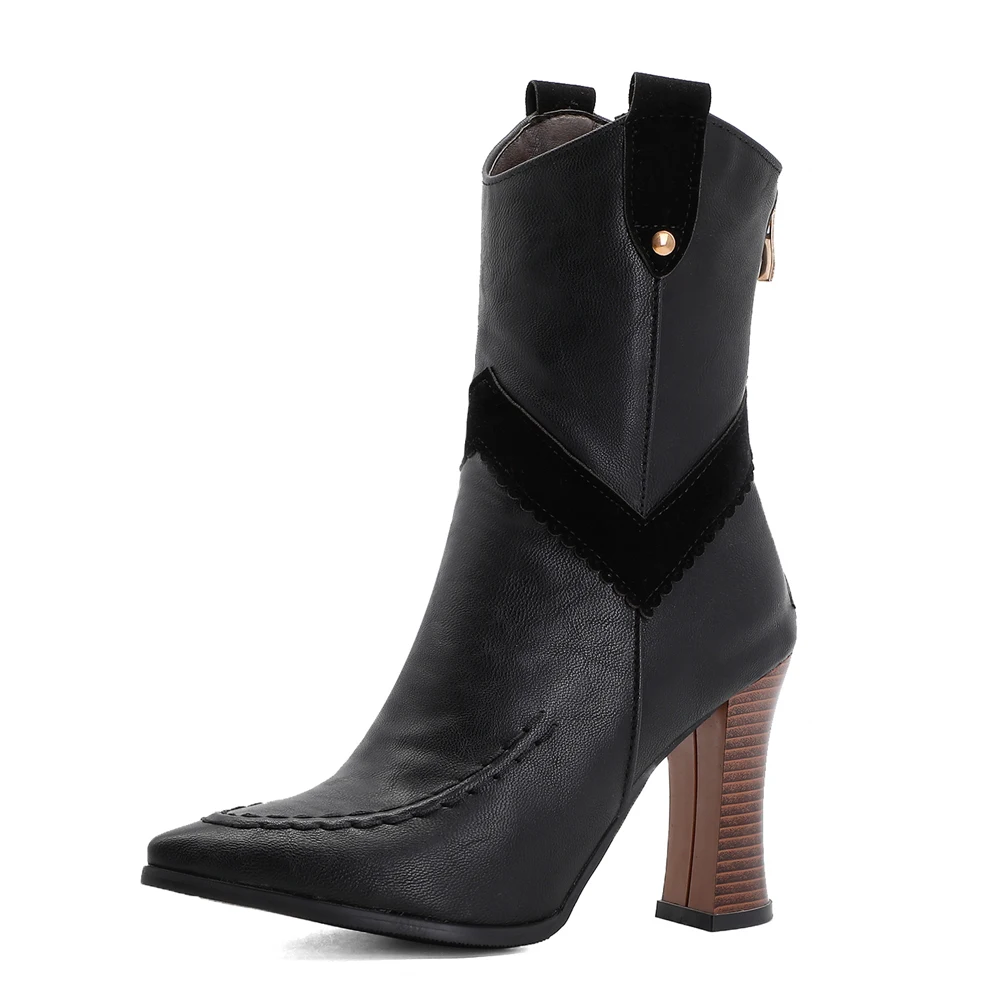 

Super Big Size Pointed Toe Super High Thick Heel Army Green Rivet Mid-Calf Boots PU Suture V-Shaped Belt Children Boots