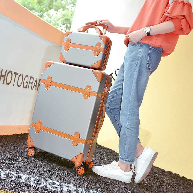Ретро чемодан на колёсиках набор Спиннер для женщин Дорожная сумка чемодан колеса пароль тележка 20 дюймов Студенческая сумка на багажник - Цвет: Silver a Set