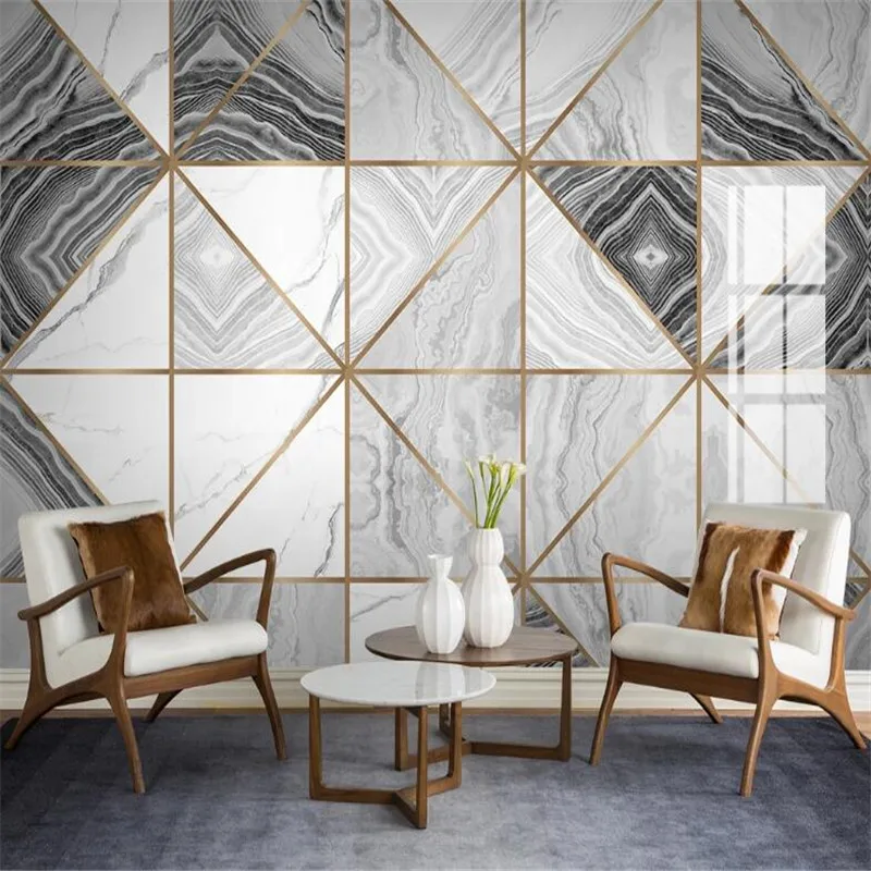 Large 3D Wallpaper Mural Custom Light Luxury Geometric Lines Jazz White Marble Tile Living Room TV Background Wallpaper Mural