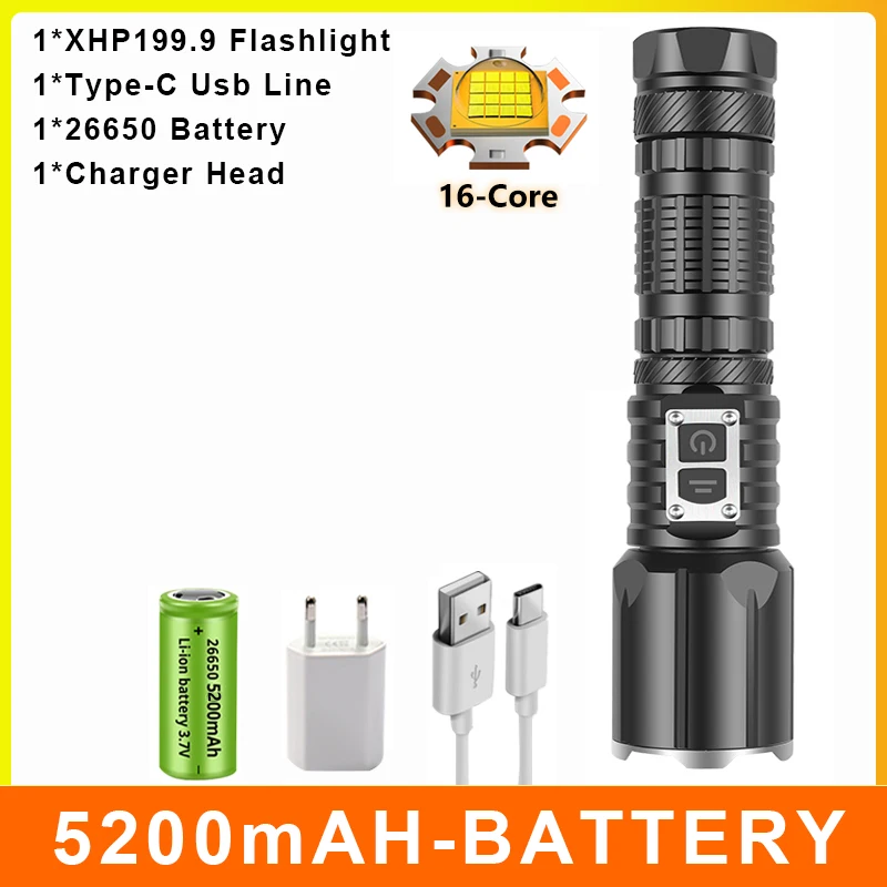 hyper tough torch 5000000LM Most Powerful LED Flashlight XHP199 USB Rechargeable Flash Light 5 Modes Zoom Torch Tactial Flash Lantern Use 26650 waterproof flashlights Flashlights