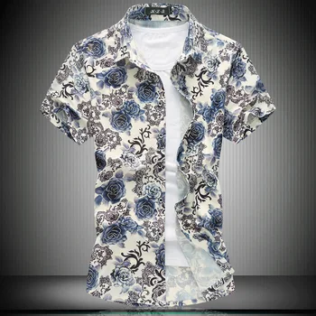 

Summer 7XL 150kg large size flower shirt stretch mercerized cotton shirt short sleeve
