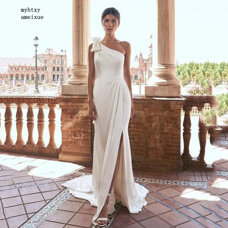 dresses for wedding Sexy Simple One Shoulder Mermaid Wedding Dress 2022 Sleeveless Satin Boho Bow Elegant Side Split Bridal Gowns Vestido De Novia bridal gowns