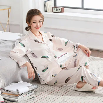 

Print Flower Women 2PCS Sleep Set Pajamas Casual Satin Shirt&Pants Intimate Lingerie Silky Spring New Home Clothes Bathrobe