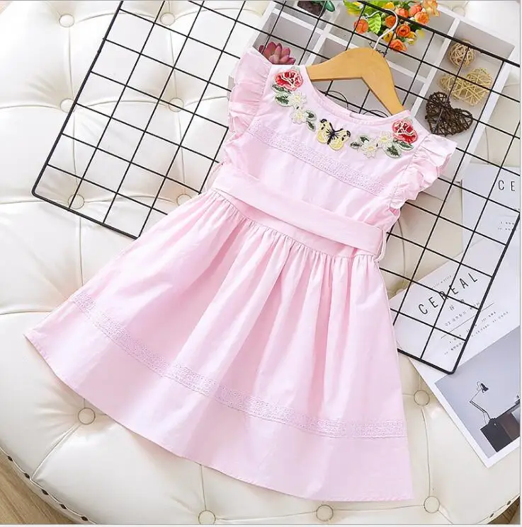 Летнее хлопковое платье с бабочкой для девочек; платье принцессы; милое розовое платье для детей; 5 шт./партия;