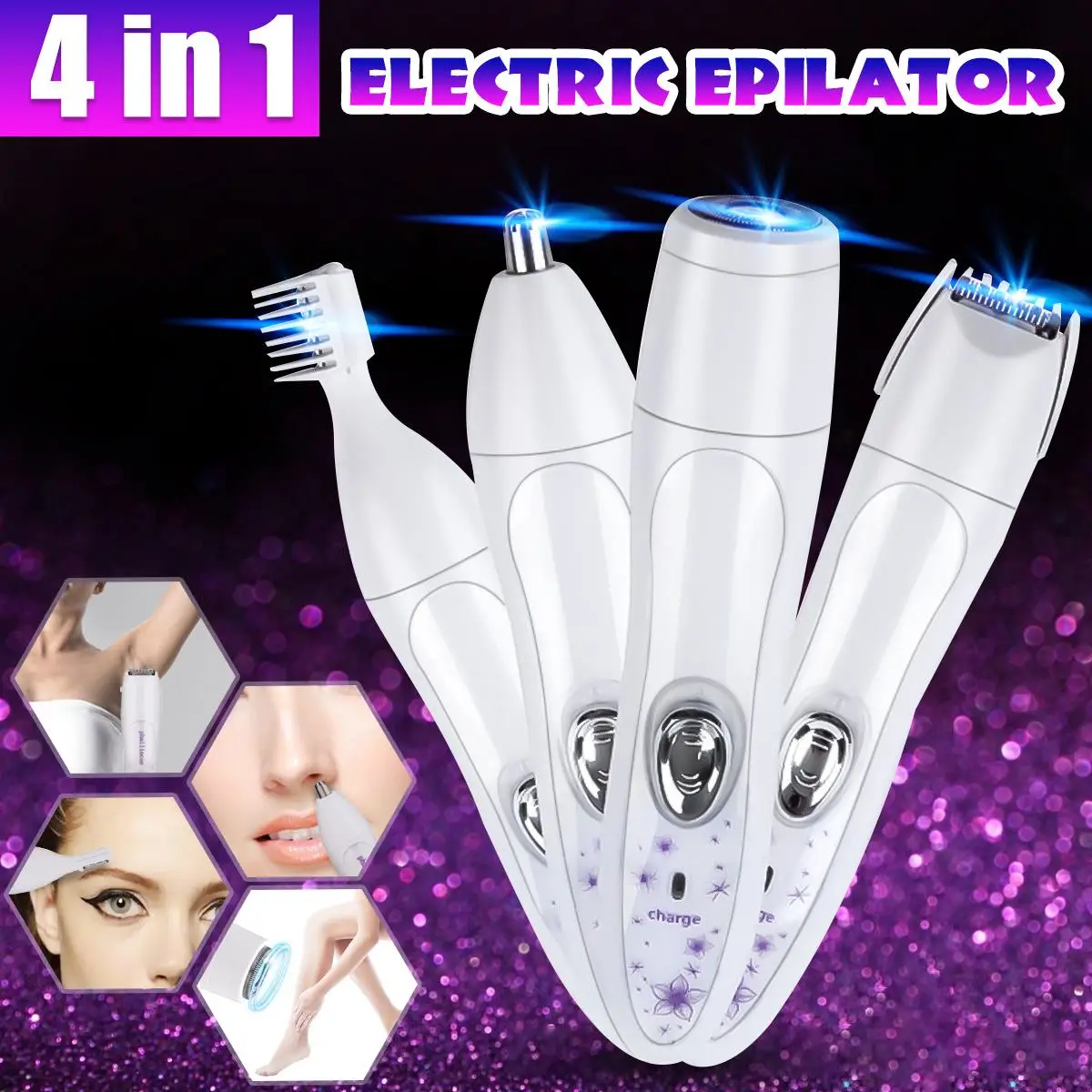 

Four in One Usb Rechargeable Electric Hair Epilator Machine Women Bikini Underarm Shaving Waterproof Painless Shaving Trimmer