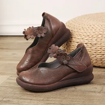 

YourSeason Women Retro Pumps Platform Heels 2020 New Spring Autumn Genuine Leather Hook LoopLadies Wedges Shoes Round Toe