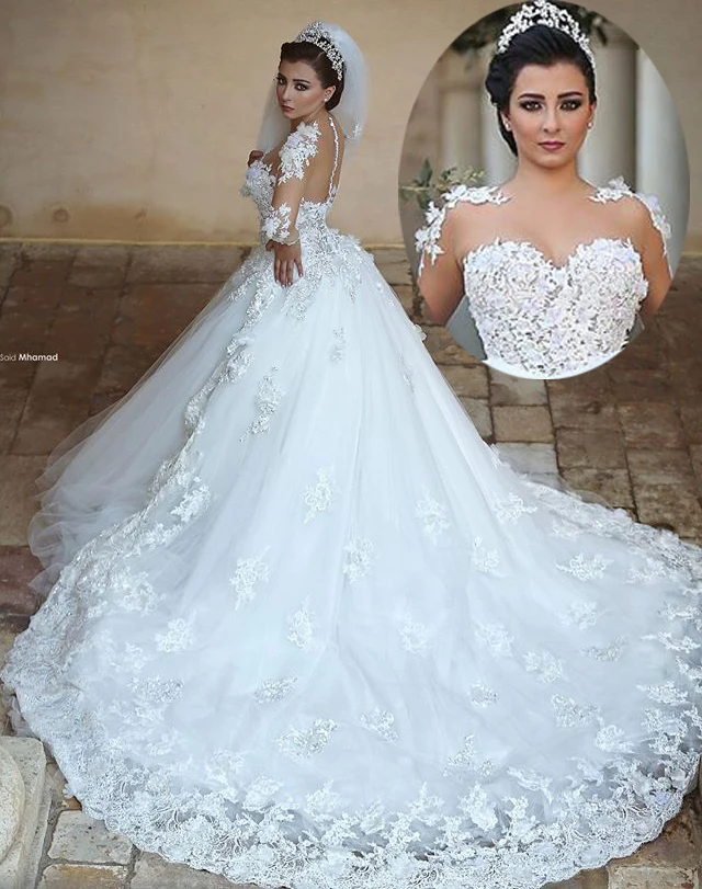 Robe De Mariage Prinses Lange 2018 Sheer Hals Lange Mouwen Bal Brdial Gown Kapel Train Applicaties Moeder Van De Bruid jurken Robe De Mariage Prinses Lange 2018 Sheer Hals Lange Mouwen Bal Brdial Gown Kapel Train Applicaties Moeder Van De Bruid jurken