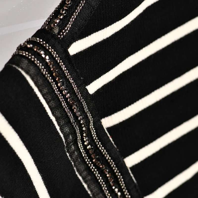 R9122 Korean version hooded loose large version off shoulder long sleeve paste diamond matching color stripe women's autumn swea