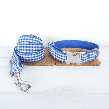 

Engraved dog collar blue plaid pet leash straps adjustable necklace with bow tie personalized name tags labrador collar