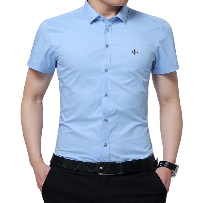 Вышивка мода Blusa Camisa Social Masculina Dudalina короткий рукав Slim Fit рубашка мужская одежда с цветочным принтом белый мужской - Цвет: DCZ2708-SKY BLUE