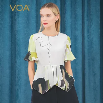 

Voa White Hand-painted 30mm Pure Silk Heavyweight Boat Neck Lotus Leaf Sleeve Black Arched Needle Fish Tail Bottom T-shirt B9252