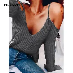 VIEUNSTA женский полый v-образный вырез классический вязаный свитер сексуальный с открытыми плечами с расклешенными рукавами осенний пуловер