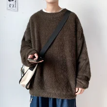 

Men's Round Neck Mohair Sweater Autumn Winter 2021 New Couples Pure Color Leisure Korean Package Mail College Streets