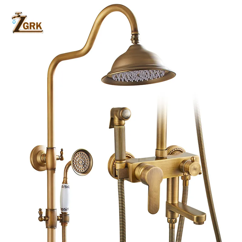 

ZGRK Shower Faucets Antique Bathroom Faucet Brass Bath Rainfall With Spray Shower Head Bidet Tap Europe Faucet Bath Shower Set