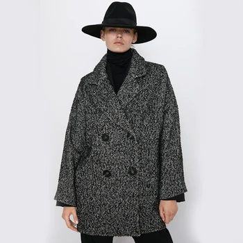 

2019 ZA Women Fashion Woolen Coat Lapel Suit Long Jacket Herringbone Twill Autumn Winter Double-breasted Loose Retro Office Lady